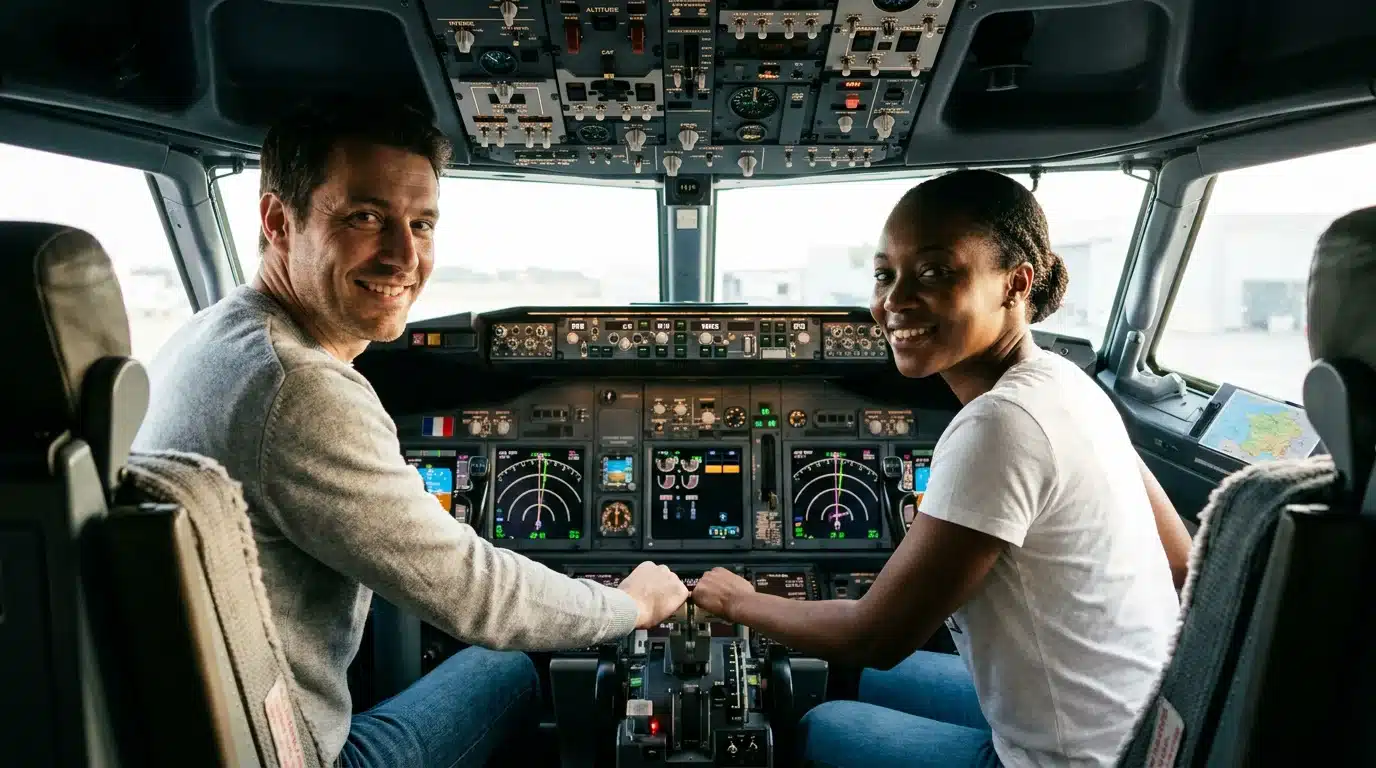 Deux pilotes installés côte à côte dans le cockpit d'un simulateur de vol Boeing 737