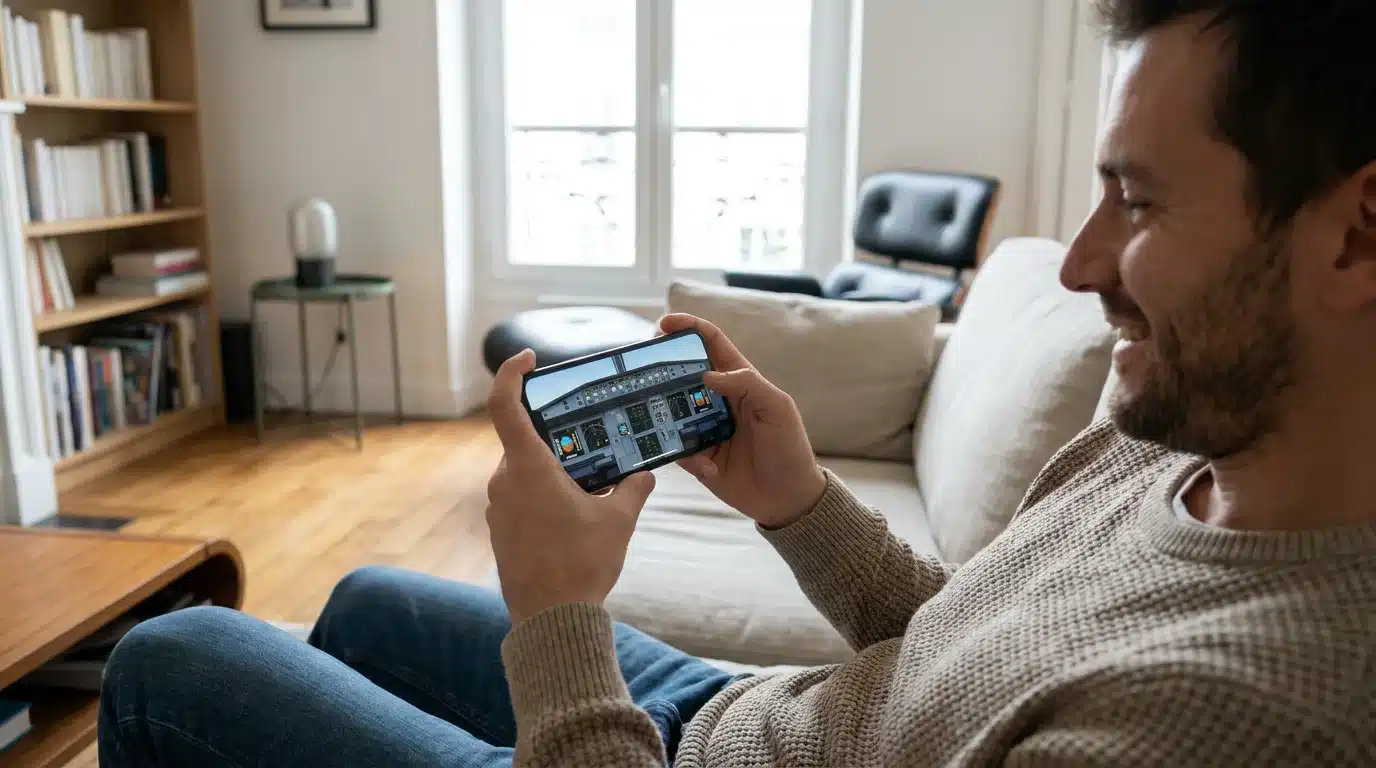 Homme européen jouant à un simulateur d'avion sur son smartphone dans son salon
