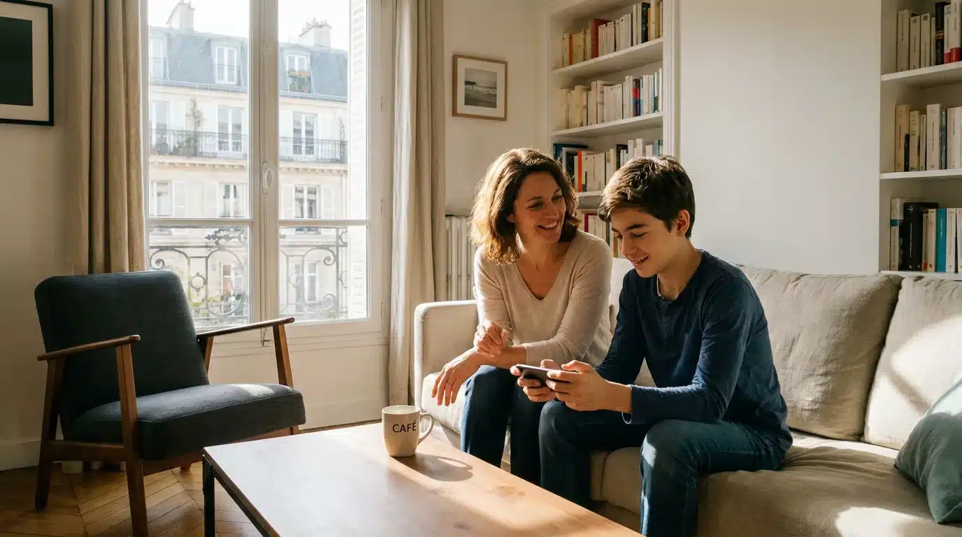 Mère européenne observant son fils jouer à un simulateur de vol sur iPhone dans leur salon