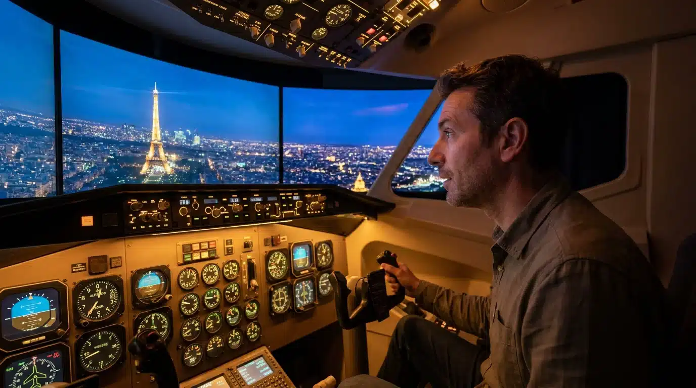 Cockpit de simulateur d'avion avec instruments lumineux et pilote aux commandes