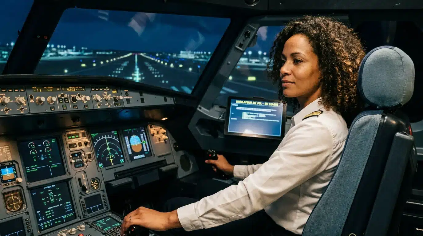 Stagiaire dans un simulateur de vol professionnel lors d'un stage contre la peur de l'avion