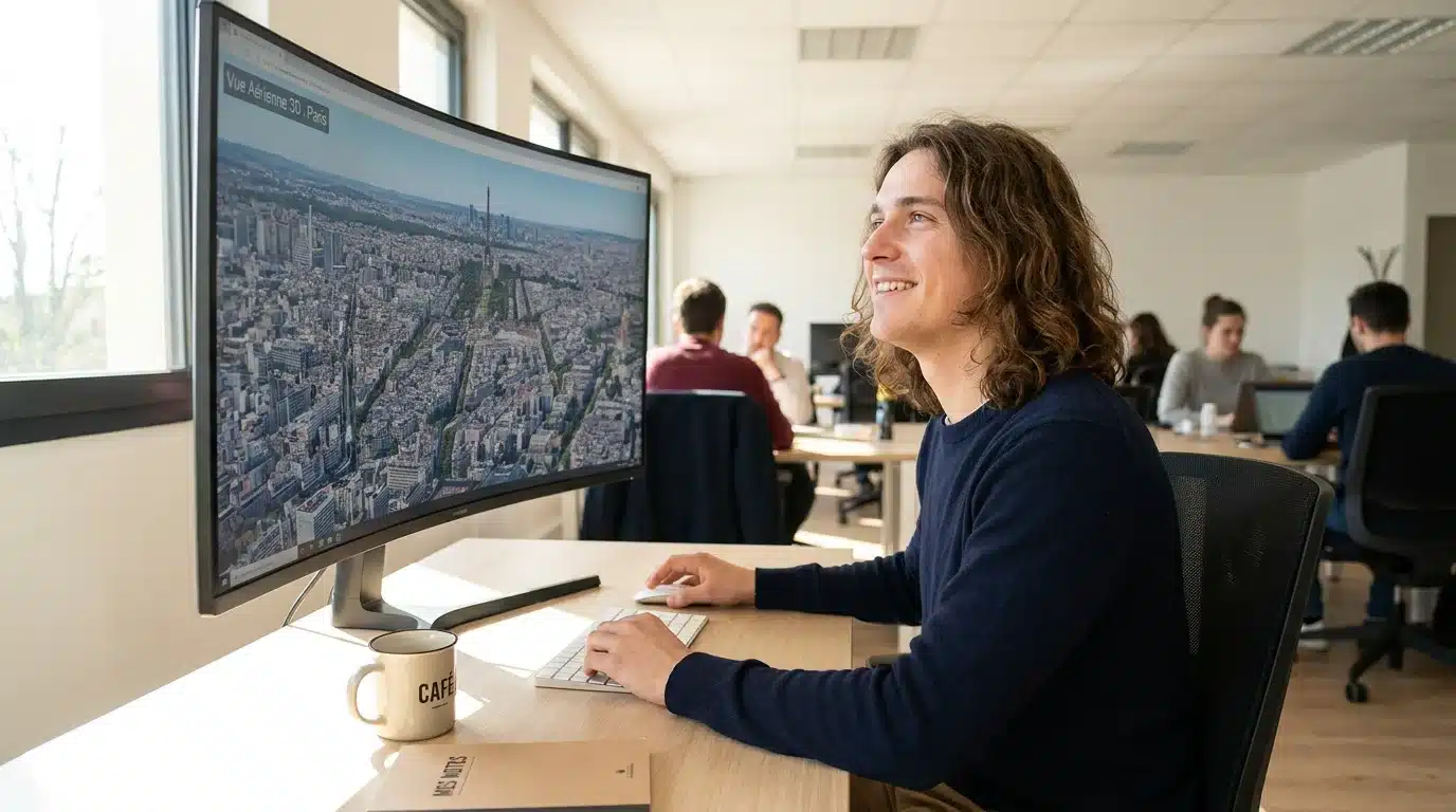 Personne explorant une vue aérienne 3D sur un écran d'ordinateur dans un espace de travail moderne