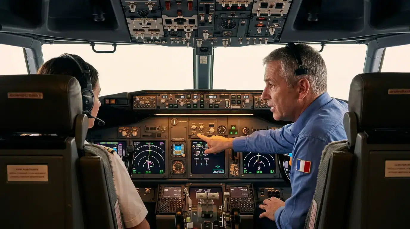 Intérieur d'un cockpit de simulateur de vol professionnel avec instructeur