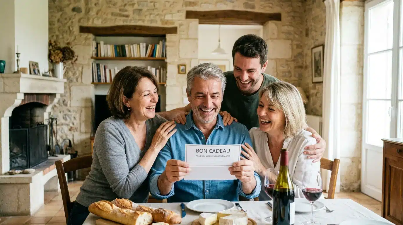 Un père de famille européen heureux découvrant son cadeau original pour la fête des pères