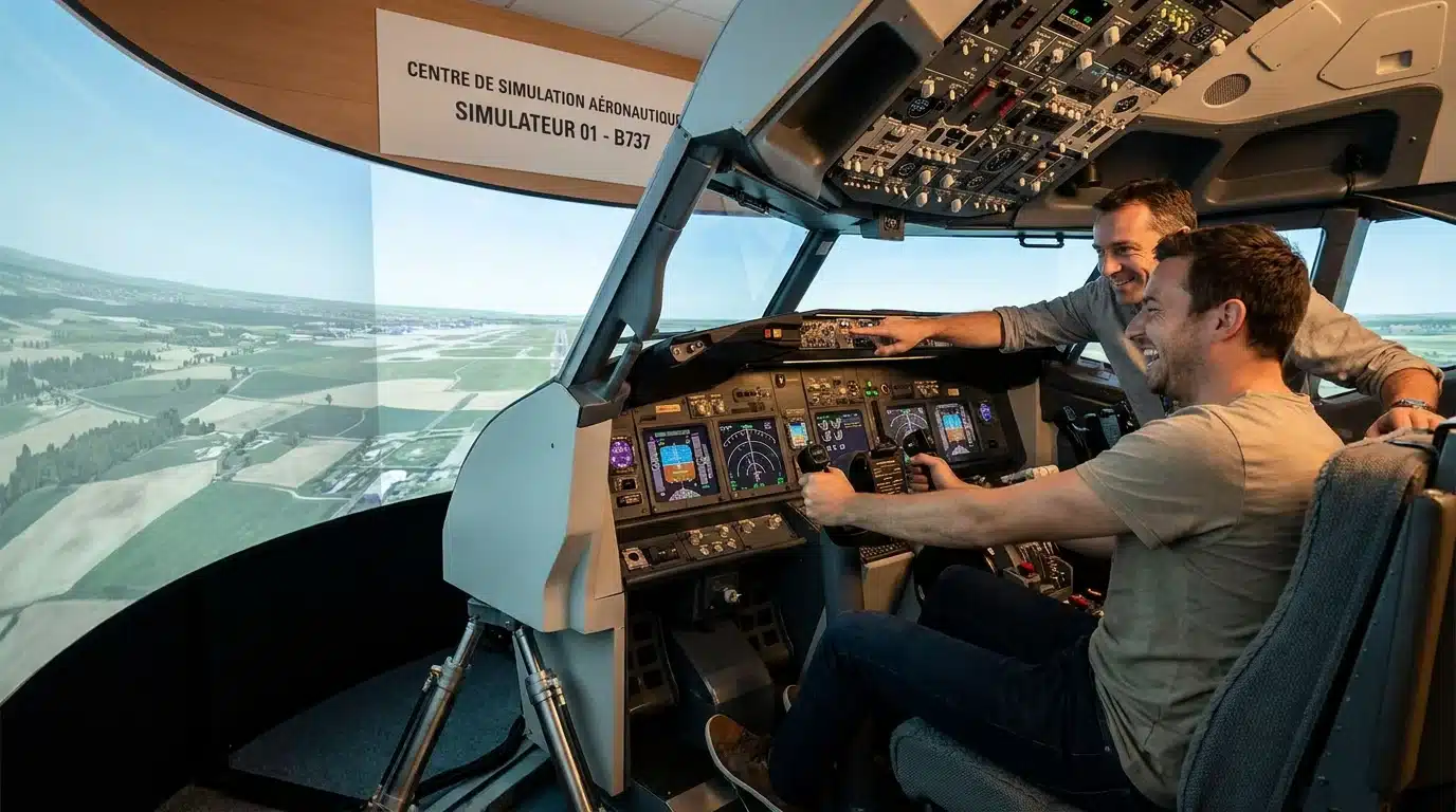 Simulateur de vol sur vérins avec cockpit Boeing 737 et instructeur dans un centre en France