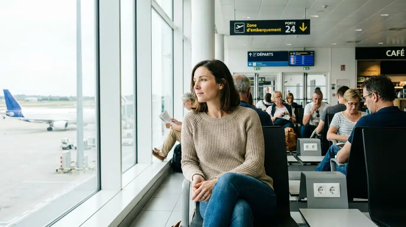 Passagère pensive observant un avion depuis la zone d'embarquement d'un aéroport