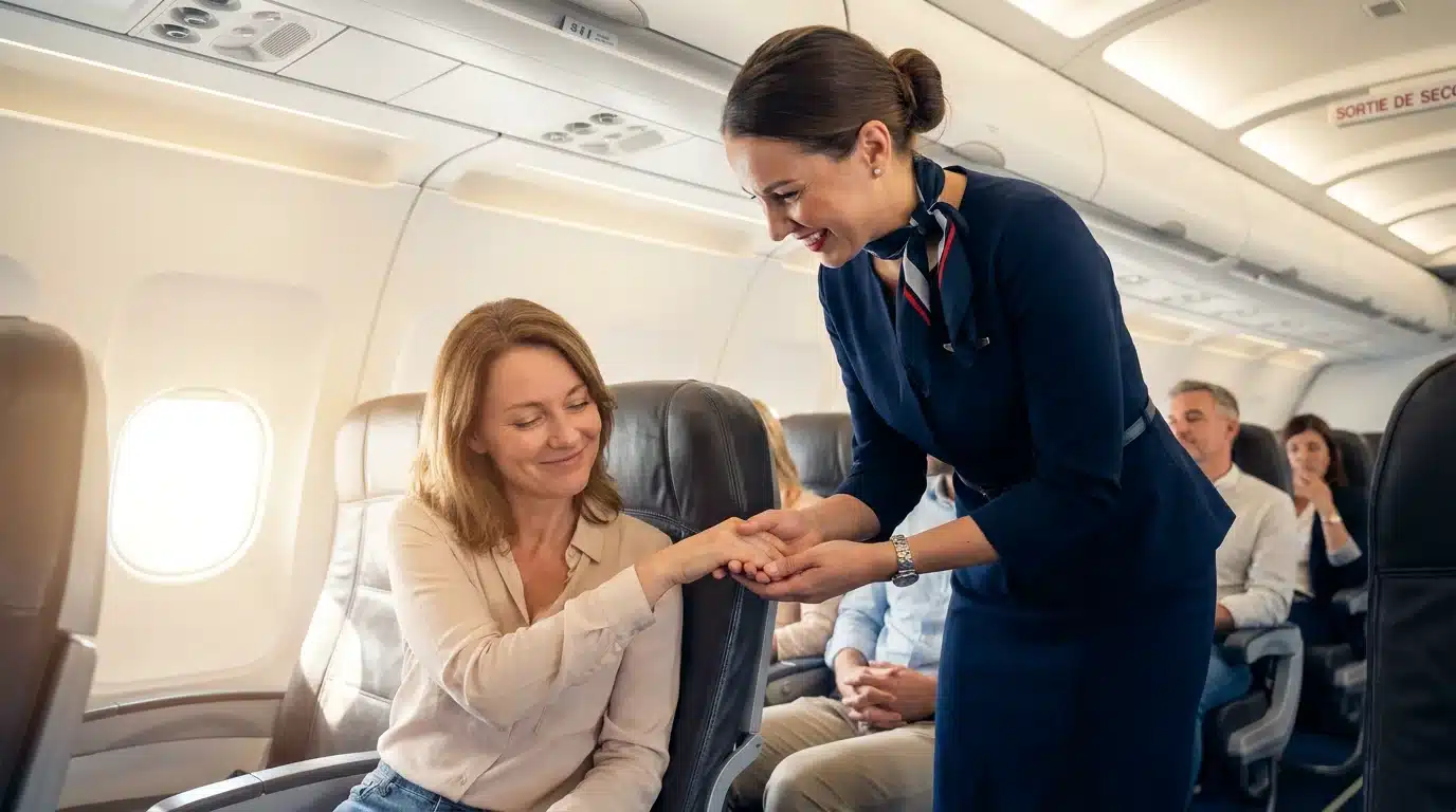 Hôtesse de l'air rassurante tenant la main d'une passagère anxieuse dans un avion