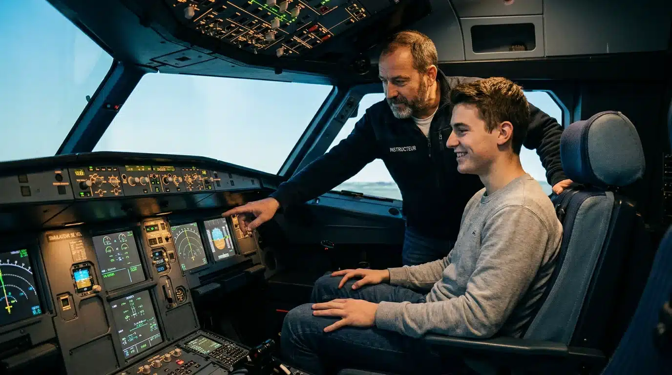 Instructeur accompagnant un stagiaire dans un cockpit de simulateur de vol réaliste