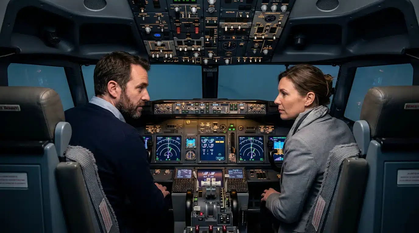 Intérieur d'un cockpit de Boeing 737 avec deux personnes aux commandes du simulateur de pilotage