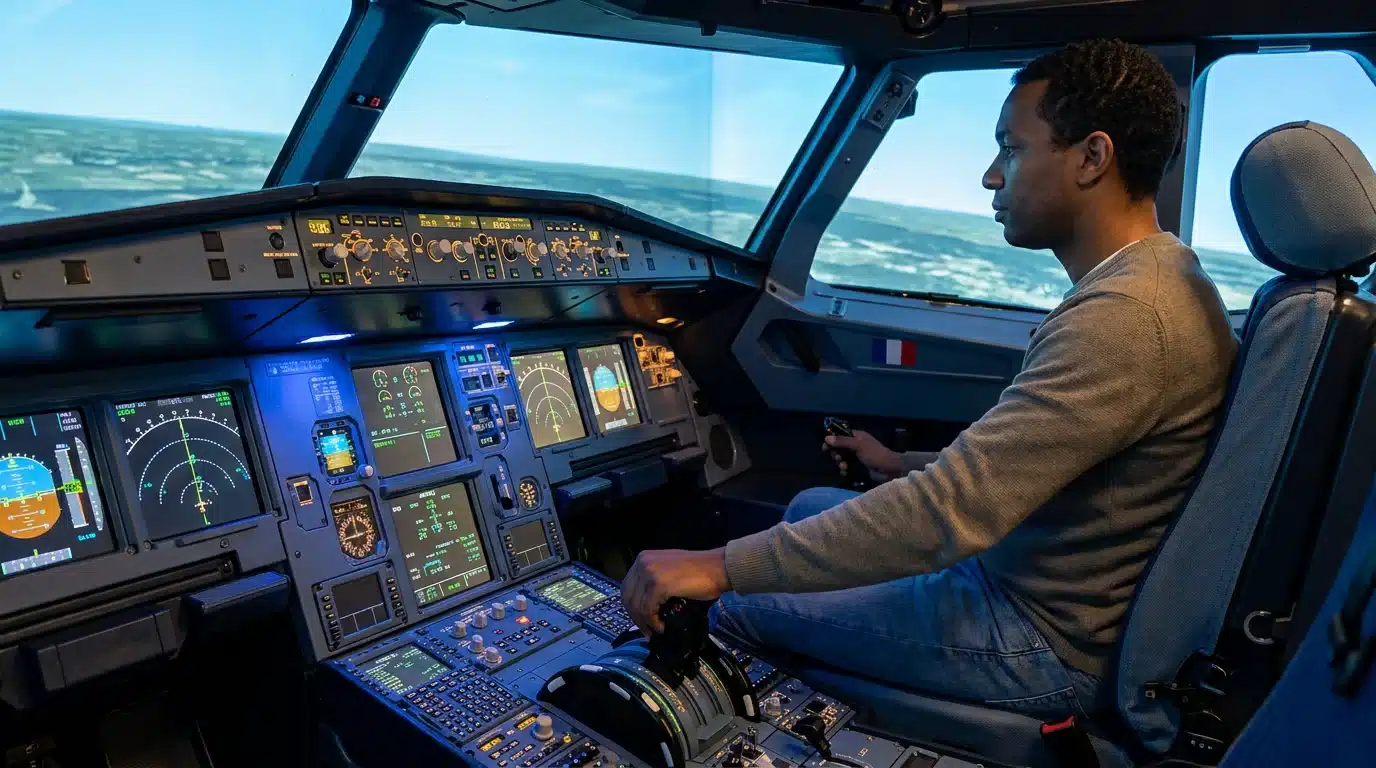 Cockpit de simulateur de vol avec tableau de bord et commandes réalistes