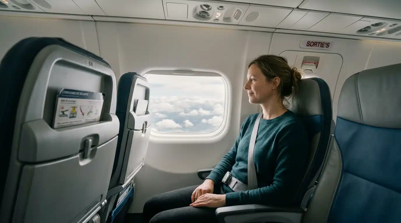 Passagère européenne sereine avec sa ceinture bouclée pendant des turbulences en avion
