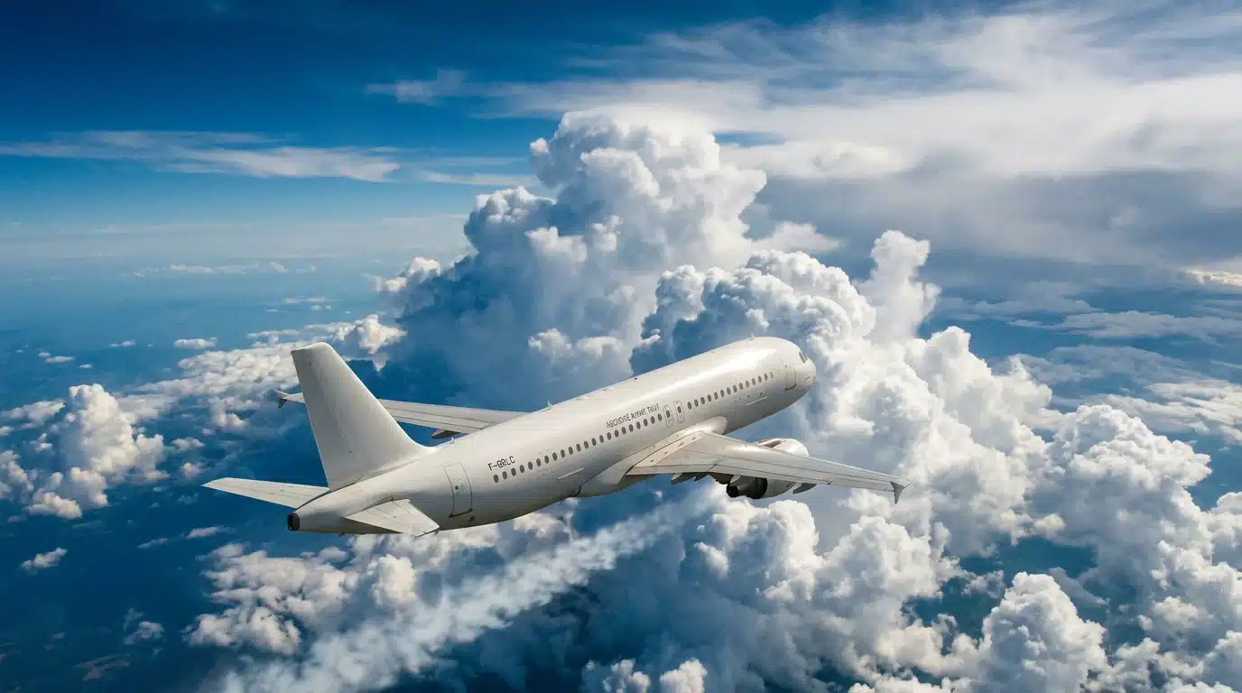 Avion de ligne volant près de gros nuages en altitude, zone propice aux turbulences