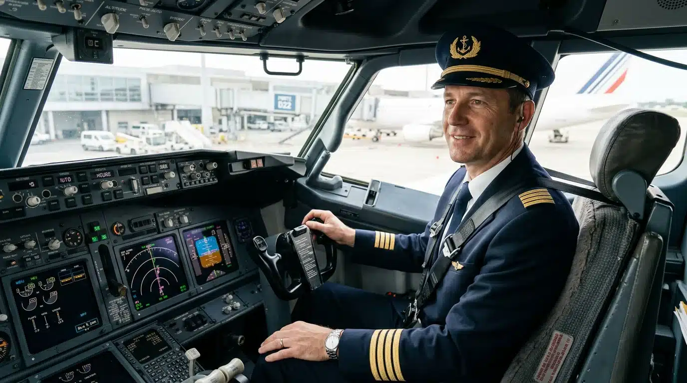 Pilote de ligne européen aux commandes d'un cockpit à l'aéroport