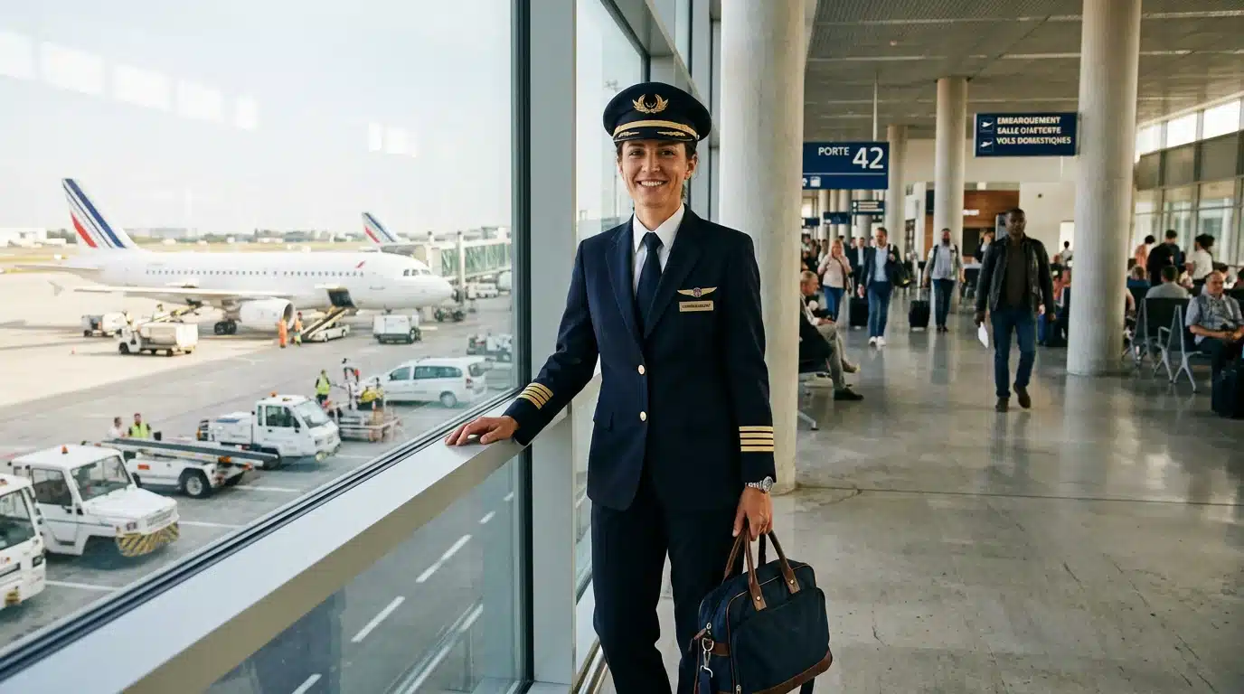 Pilote de ligne européenne en uniforme dans un terminal d'aéroport
