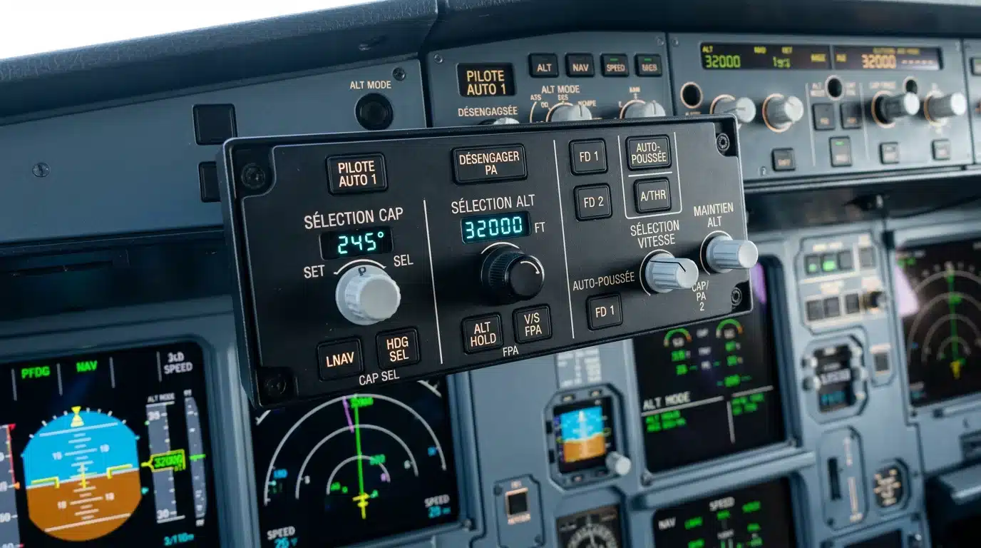 Panneau de commande d'un pilote automatique dans un cockpit d'avion de ligne