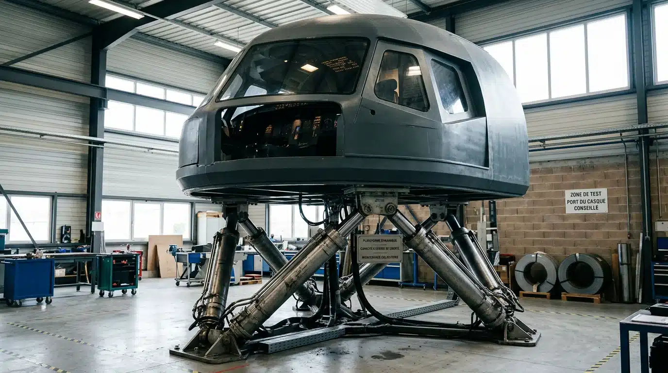 Cockpit de simulateur d'avion posé sur des vérins hydrauliques