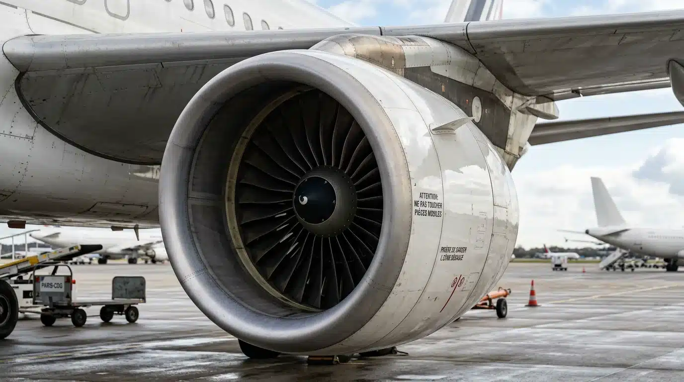 Gros plan sur un réacteur d'avion de ligne monté sous l'aile