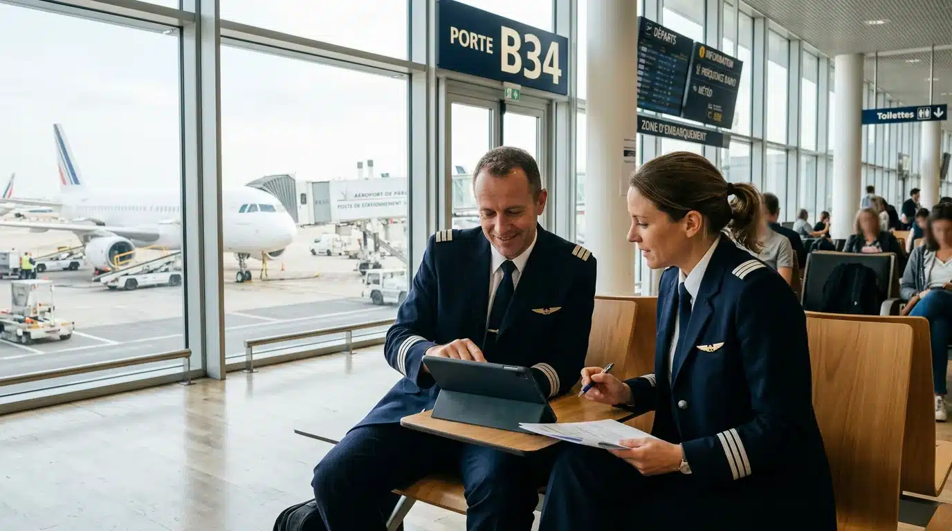 Deux pilotes européens préparent leur plan de vol devant un avion à l'aéroport