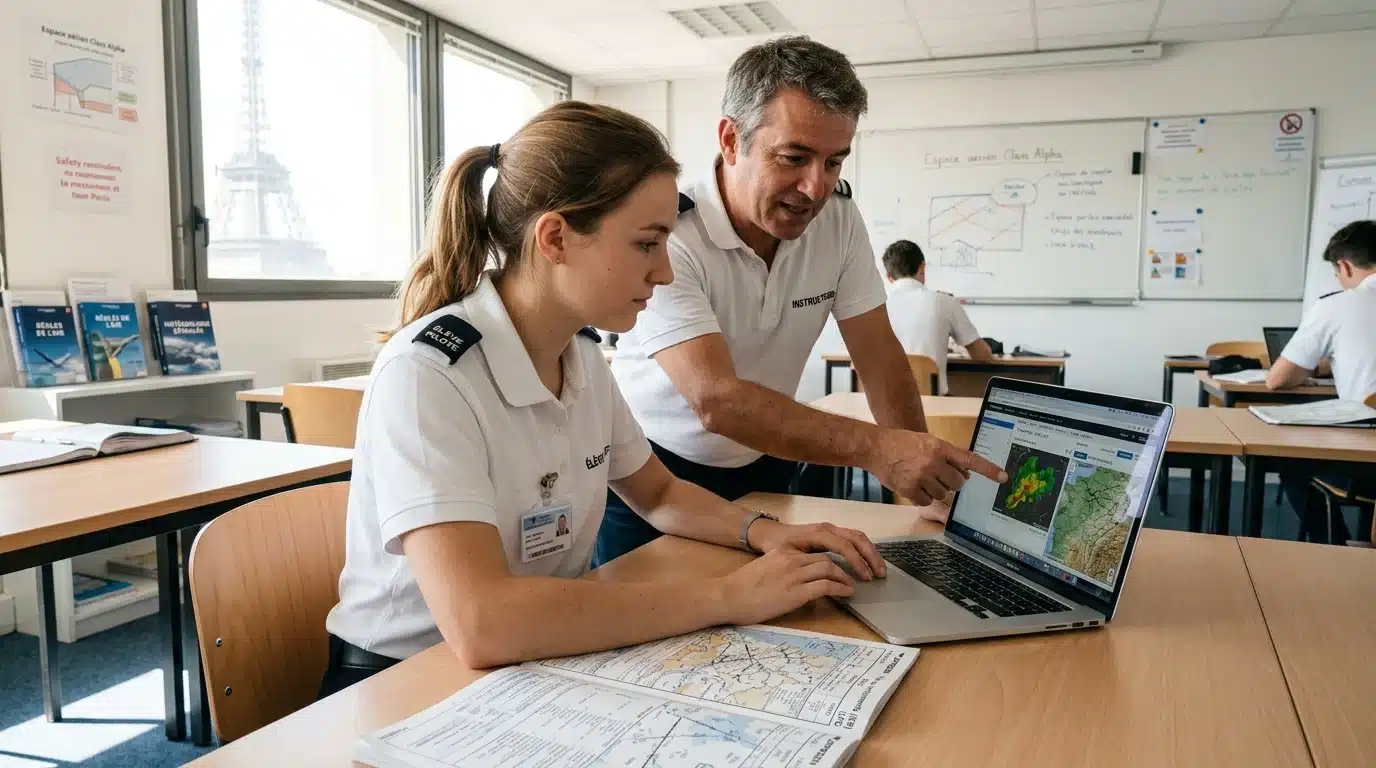 Élève pilote européen en formation aéronautique dans une salle de cours