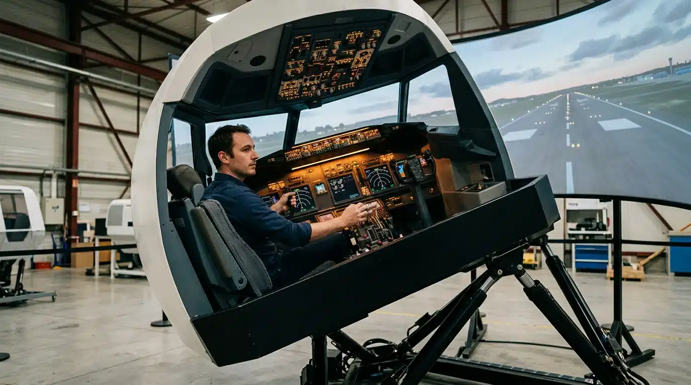 Simulateur de vol Boeing 737 sur vérins dans un hangar aéronautique