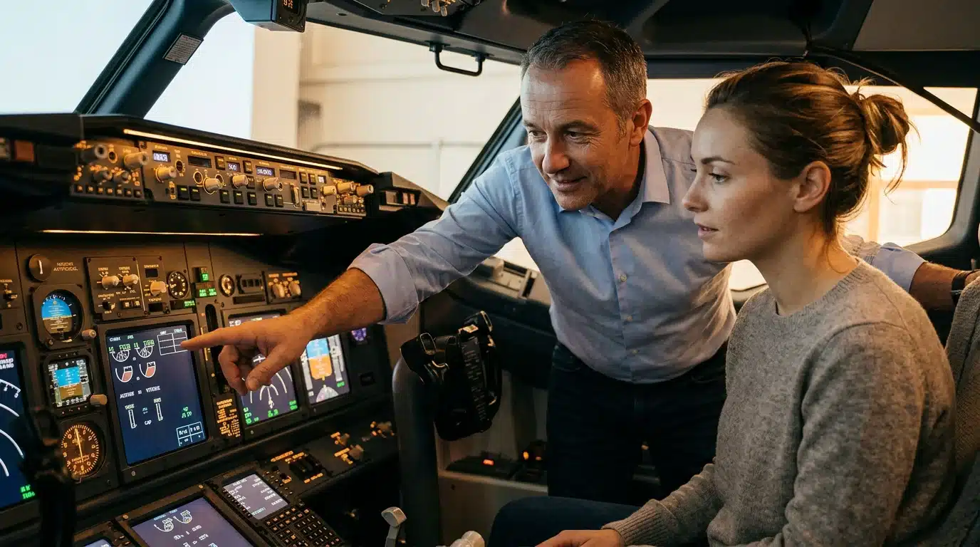 Instructeur expliquant les instruments du cockpit à un participant en simulateur