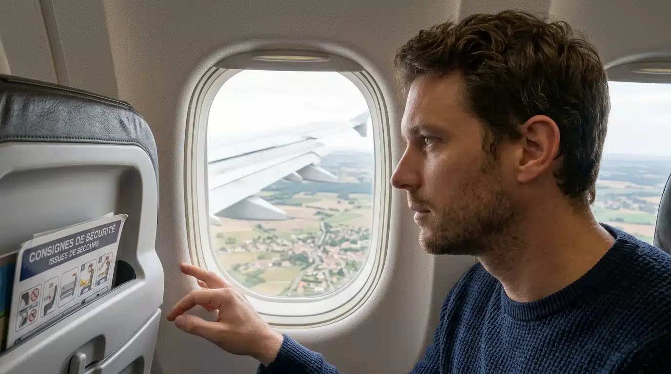 Passager européen regardant l'aile de l'avion pendant la descente