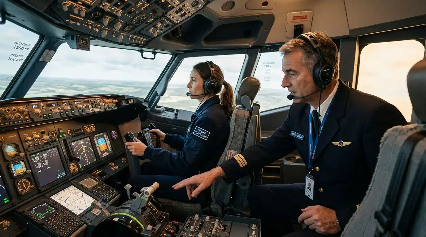 Participant européen aux commandes d'un cockpit de simulateur avec un instructeur