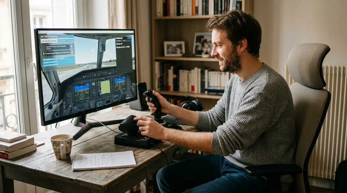 Passionné européen pratiquant la simulation de vol sur son ordinateur personnel