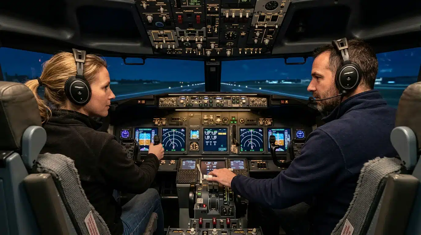 Deux pilotes européens dans un cockpit de simulateur Boeing 737 formant un équipage