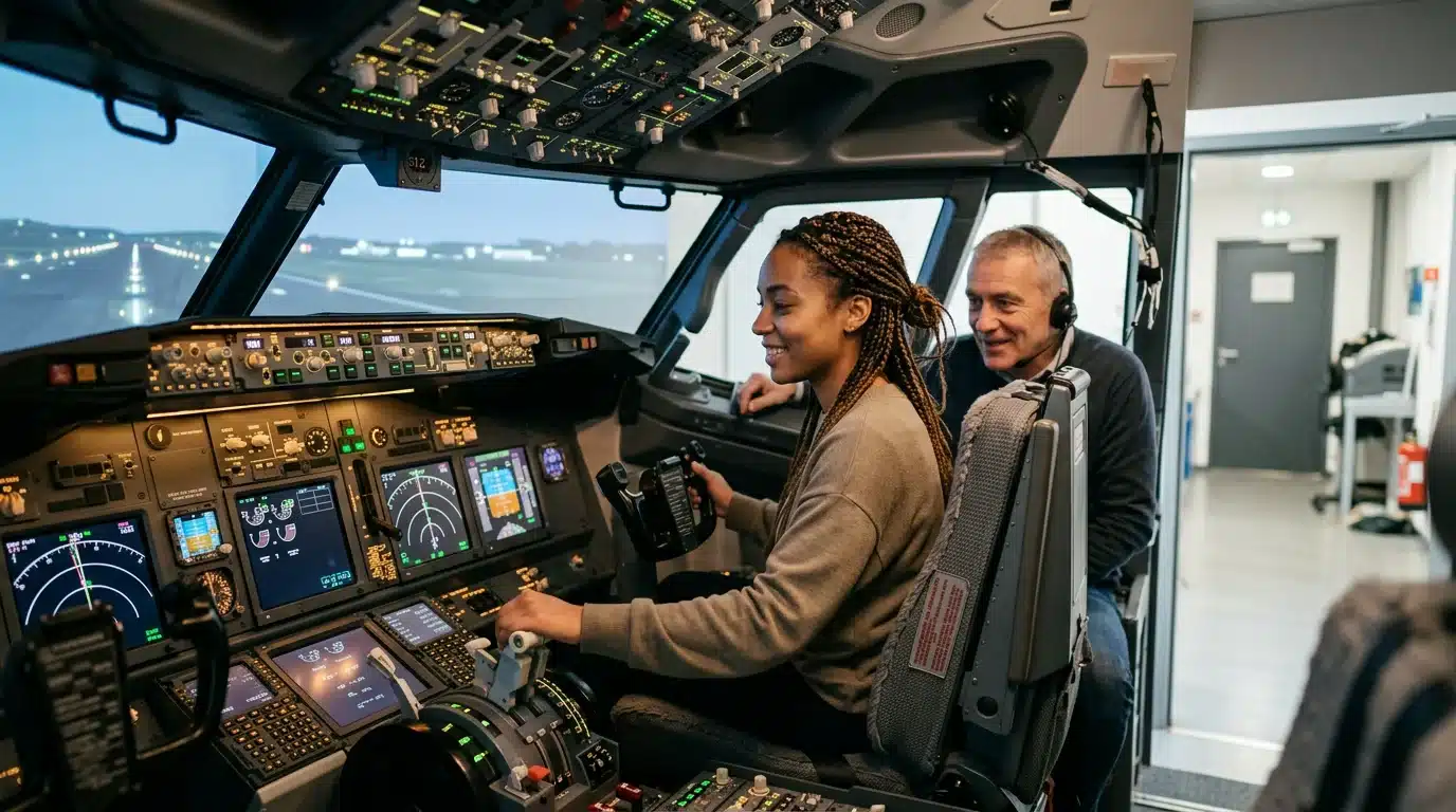Personne aux commandes d'un cockpit de simulateur de vol Boeing avec un instructeur