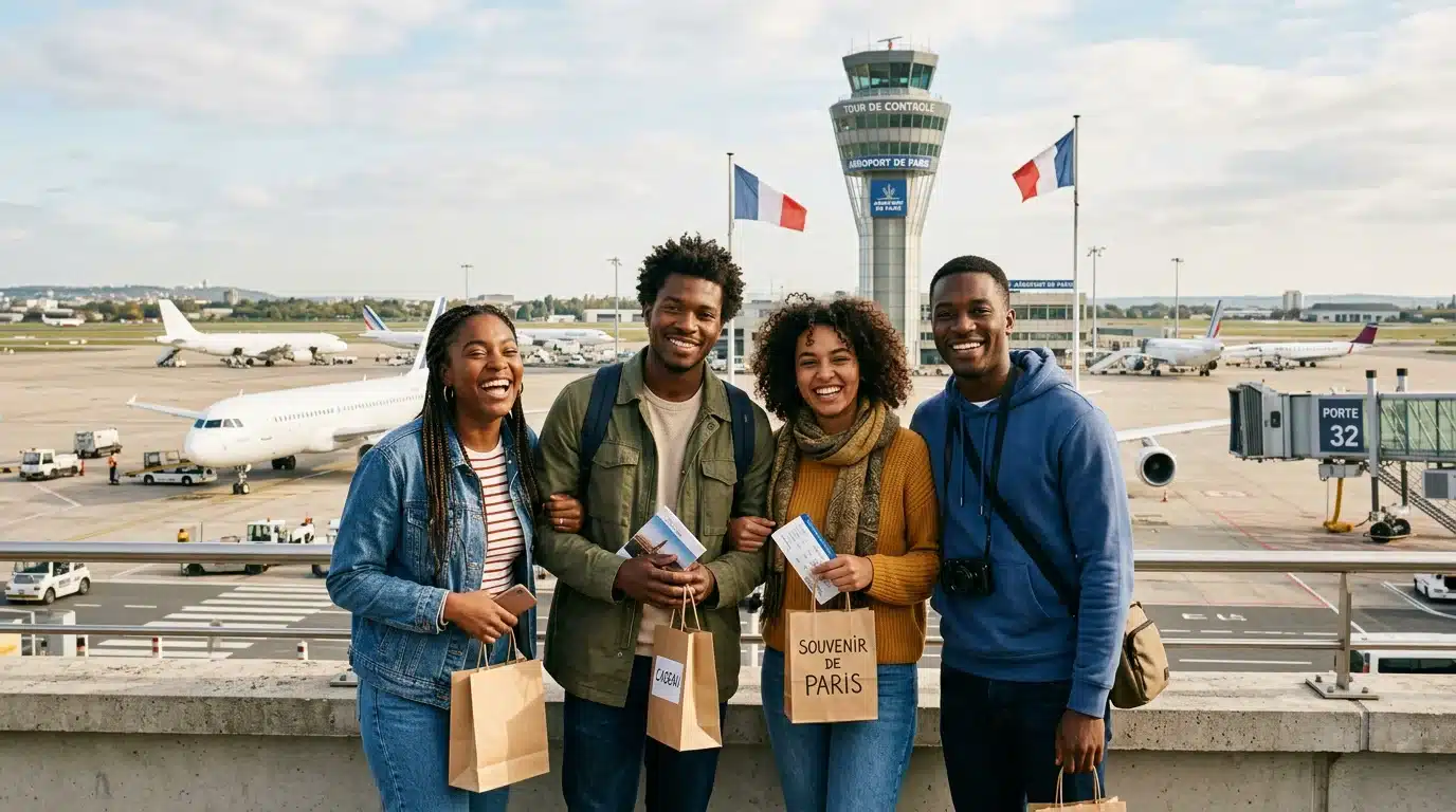 Groupe d'amis devant une tour de contrôle et des avions sur un aéroport parisien