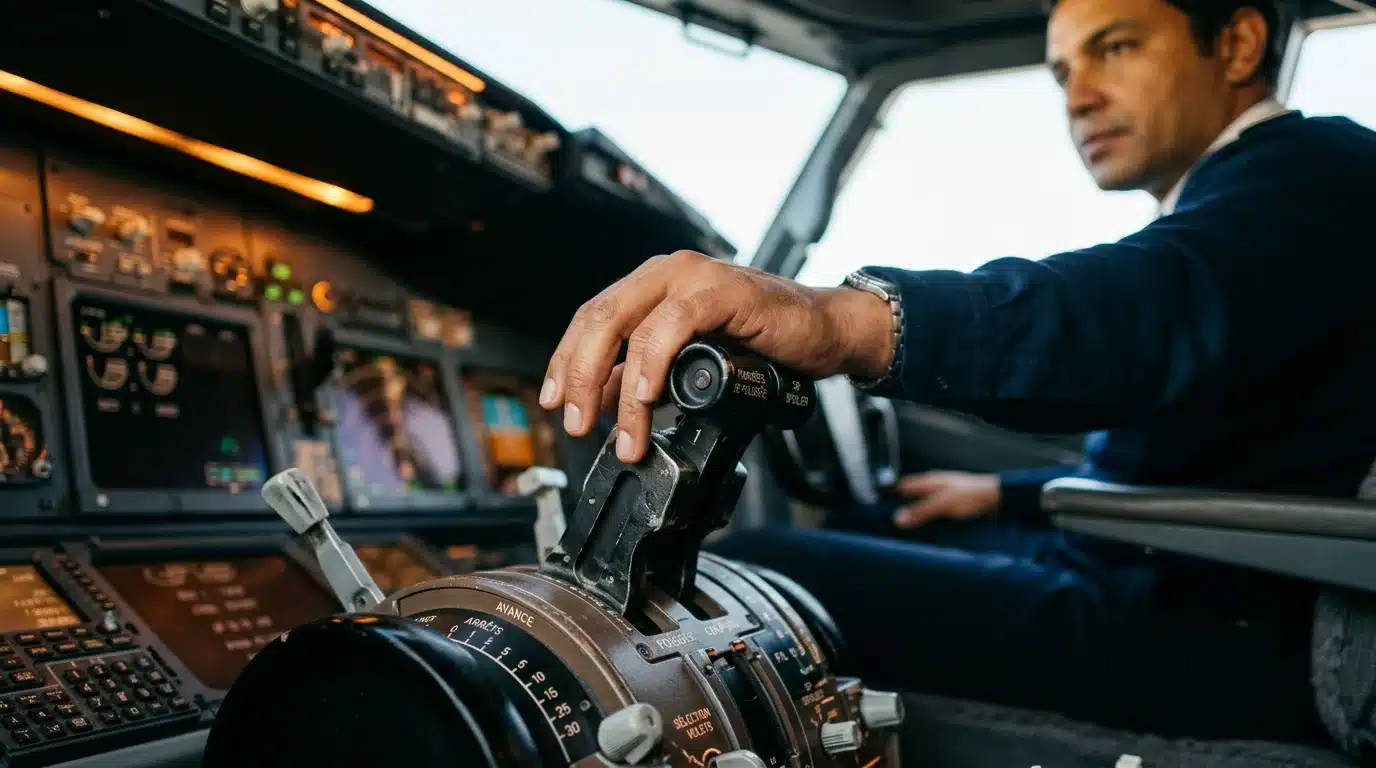 Gros plan d'une main droite sur les manettes de gaz d'un cockpit de Boeing 737