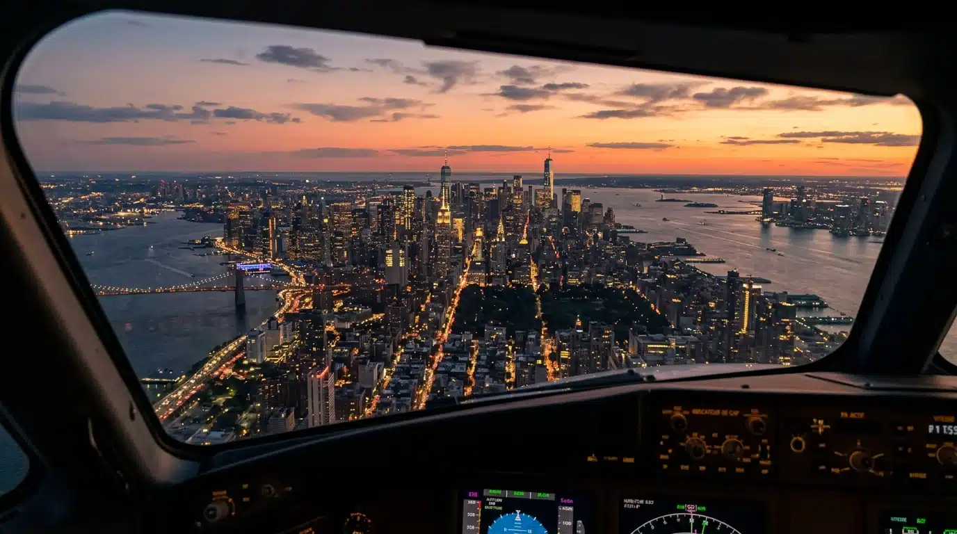 Vue aérienne de la skyline de New York au crépuscule depuis un cockpit
