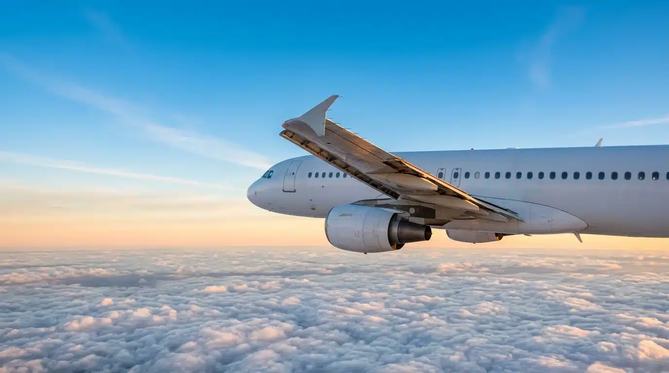 Un avion de ligne survole une mer de nuages au coucher du soleil