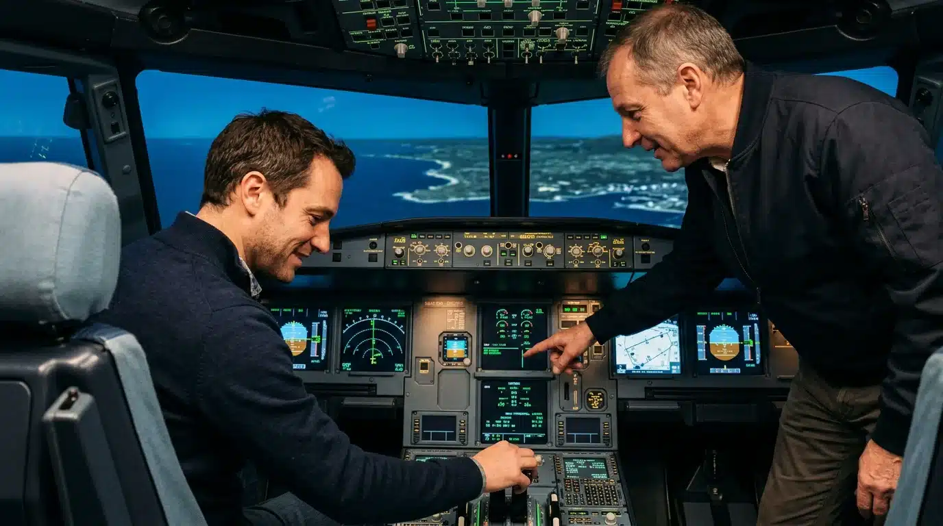 Une personne aux commandes d'un simulateur de vol accompagnée d'un instructeur