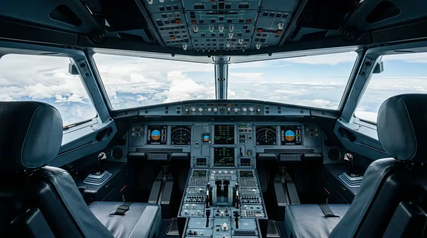 Poste de pilotage d'un Airbus A320 avec sidestick et écrans clairs