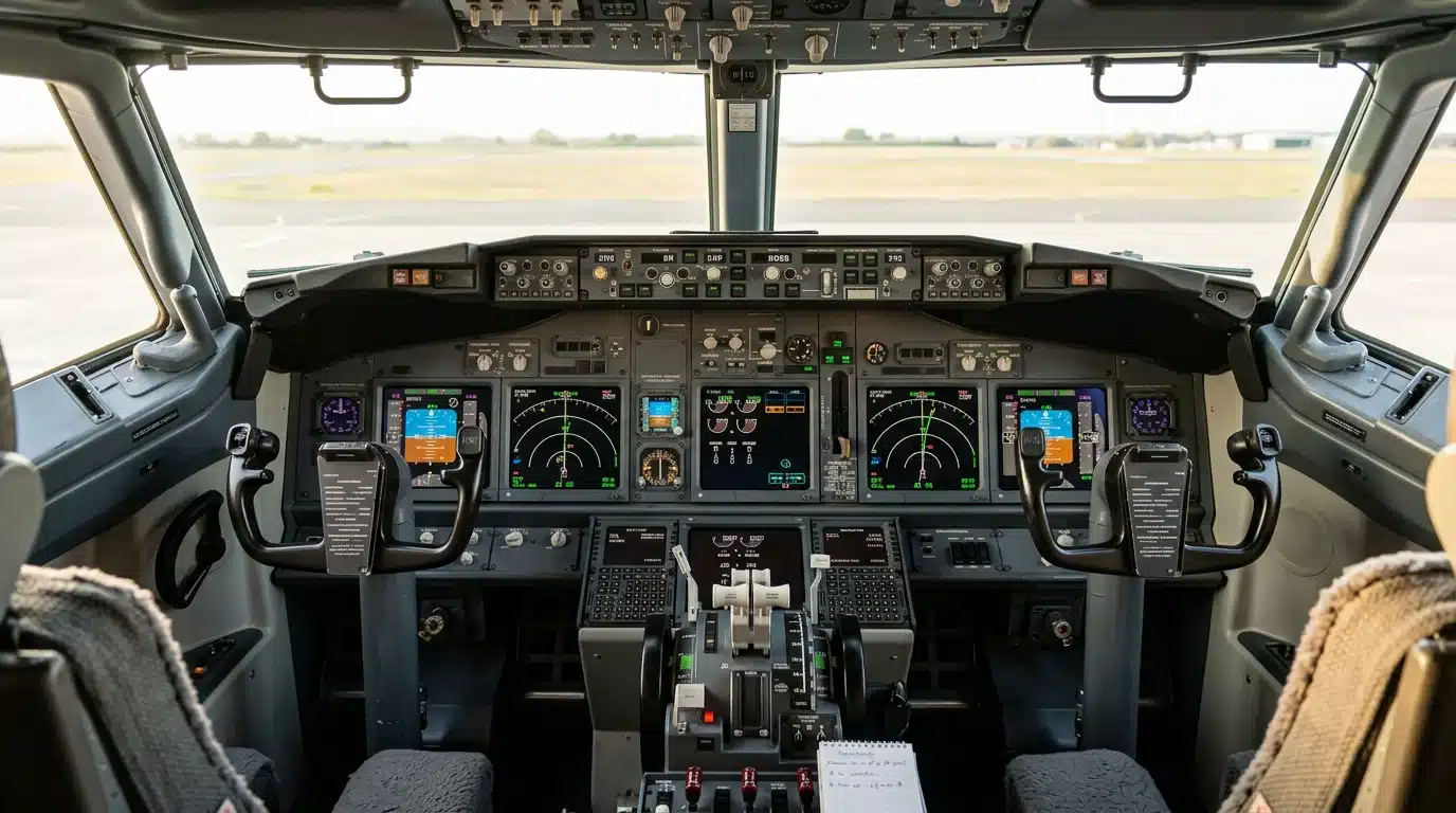 Cockpit d'un Boeing 737NG avec manche central et tableau de bord gris