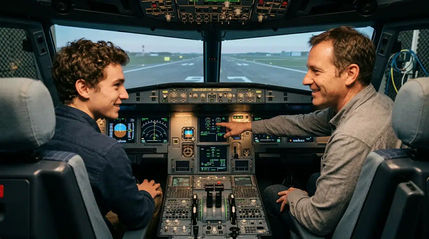 Cockpit d'un simulateur de vol réaliste avec instructeur et participant