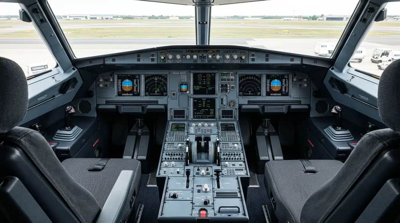 Cockpit d'un Airbus A320 avec ses mini-manches latéraux
