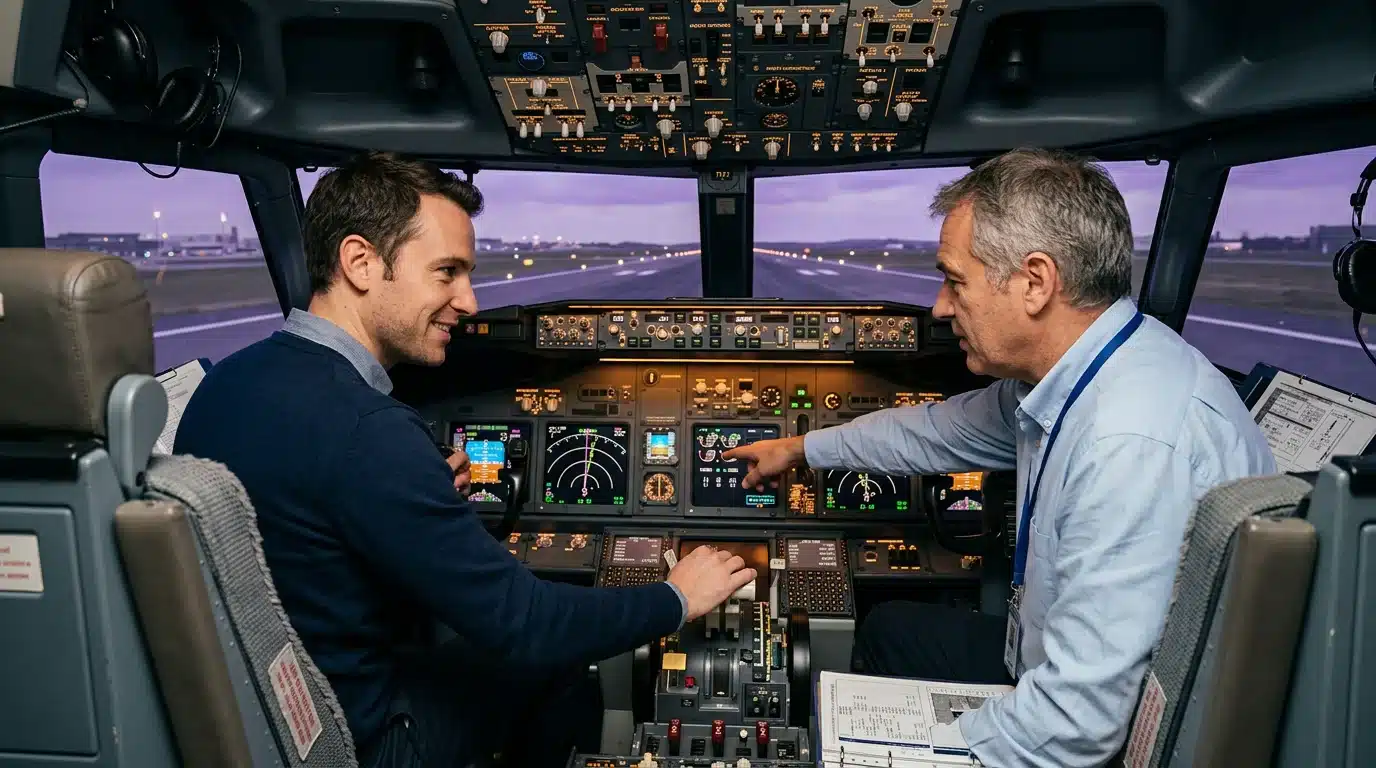 Personne aux commandes d'un simulateur de Boeing 737 avec un instructeur