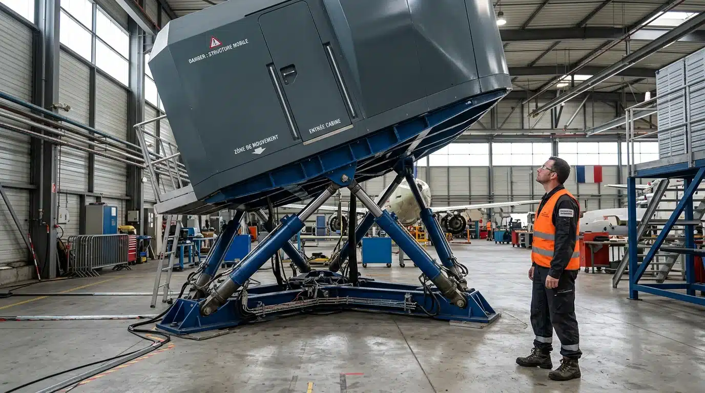 Cabine de simulateur de vol montée sur vérins hydrauliques dans un hangar