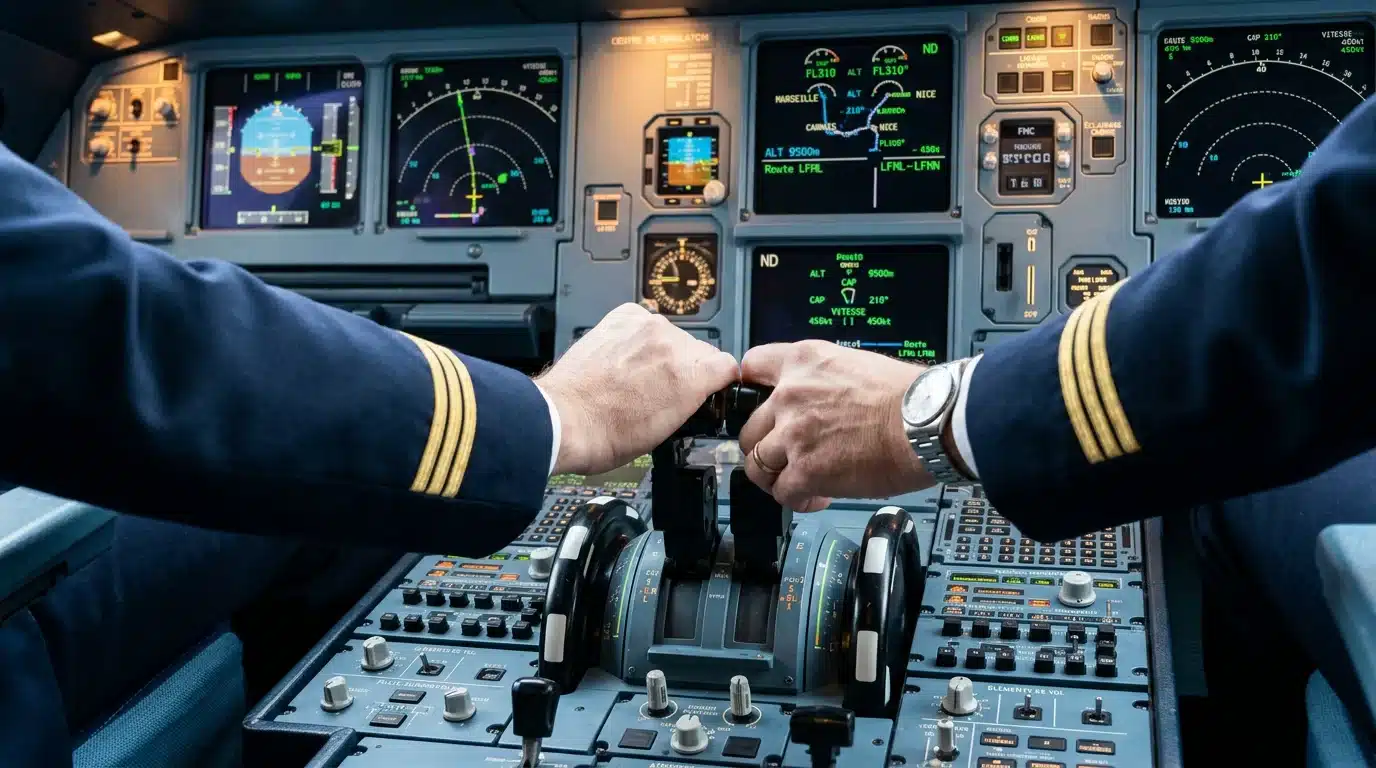 Mains d'un participant sur les commandes d'un simulateur de Boeing 737