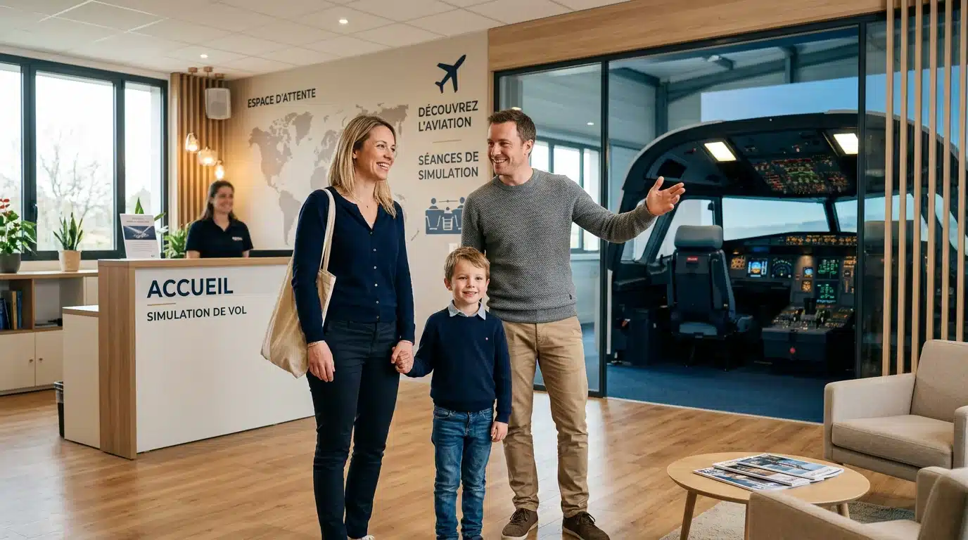 Famille découvrant un centre de simulateur de vol près de Paris