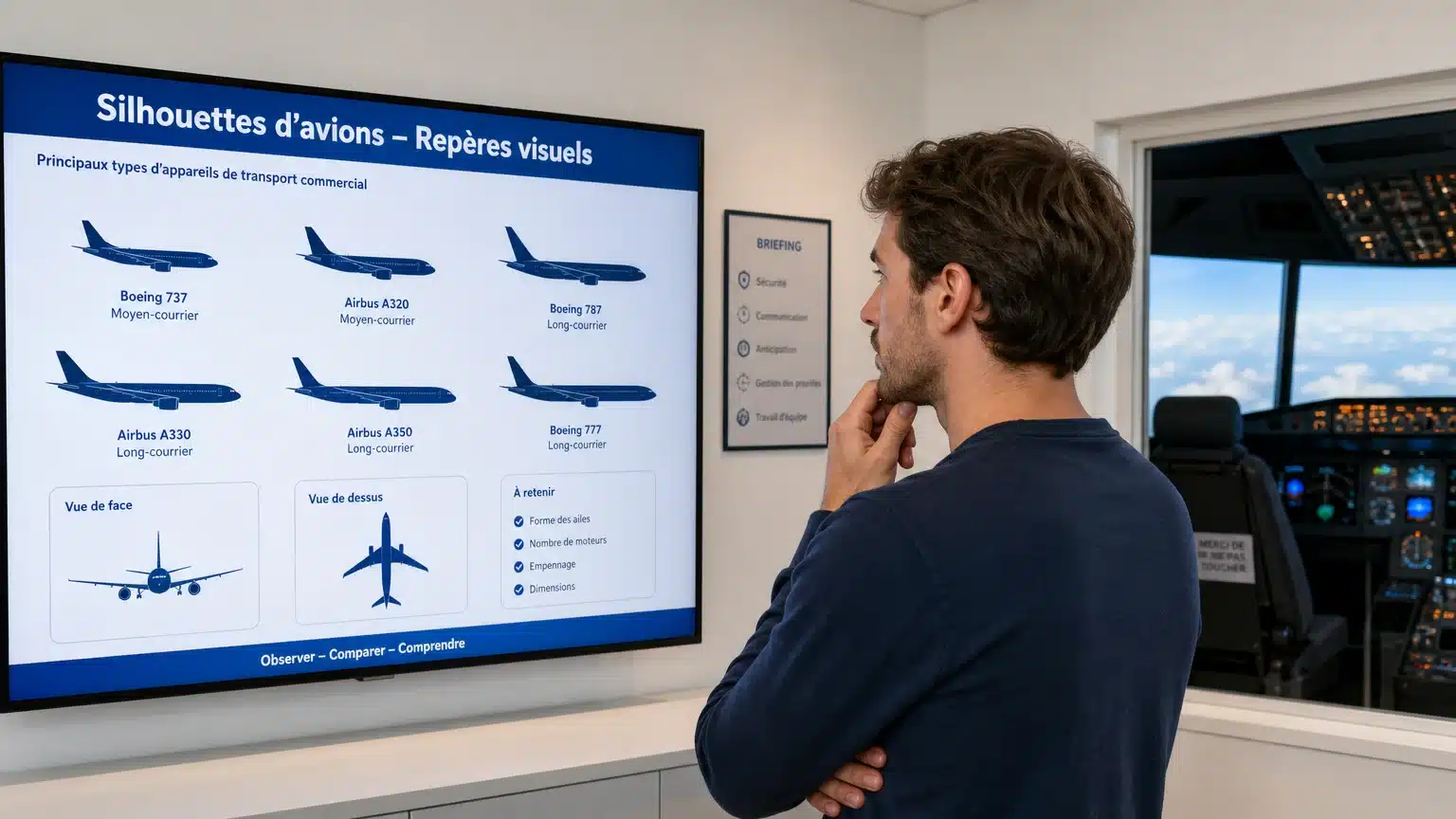 Passionné observant différentes catégories d’avions dans un centre de simulation