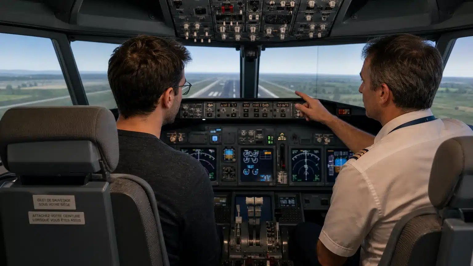 Instructeur expliquant les instruments d’un cockpit de ligne