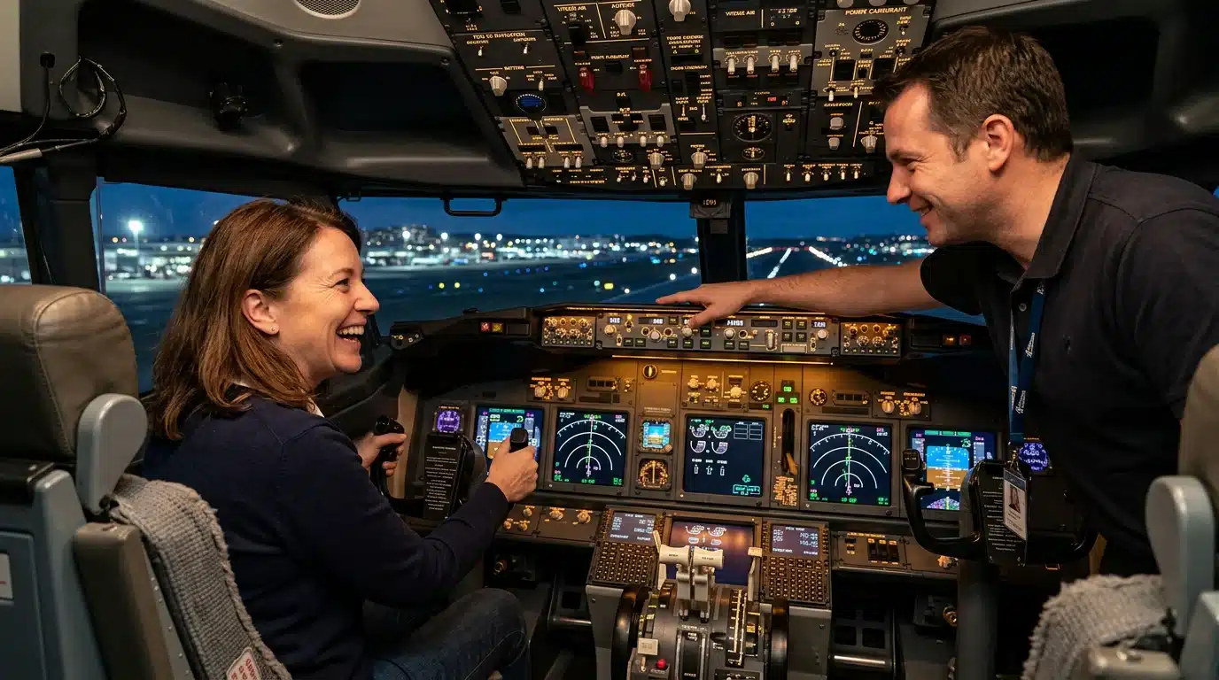 Personne aux commandes d'un simulateur de vol Boeing avec un instructeur