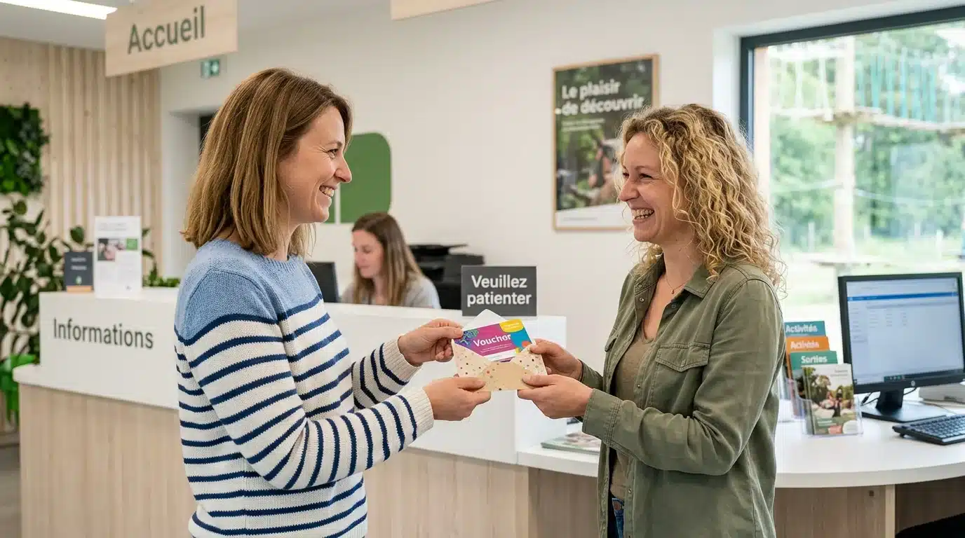 Remise d'un bon cadeau expérience à l'accueil d'un centre de loisirs