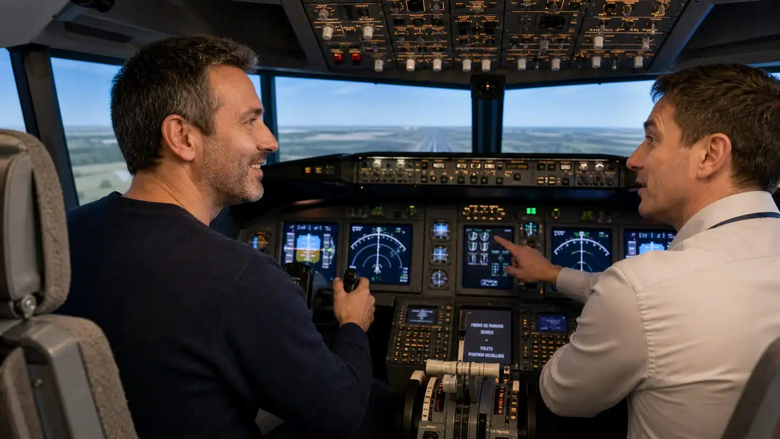 Homme aux commandes d'un cockpit de simulateur de vol guidé par un instructeur