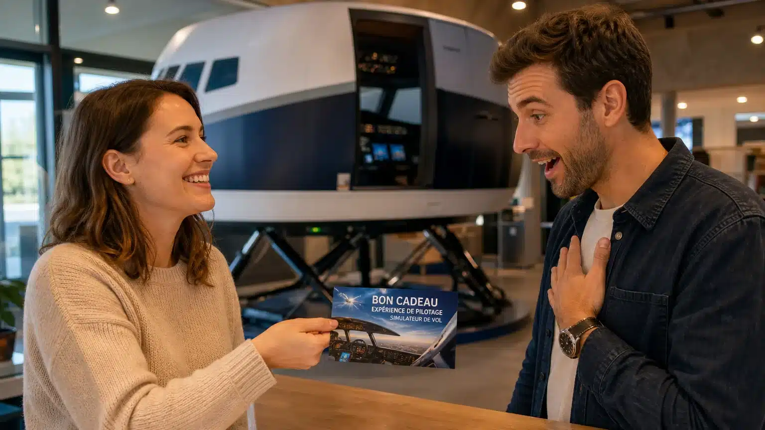 Couple découvrant un bon cadeau pour une session de simulateur de vol