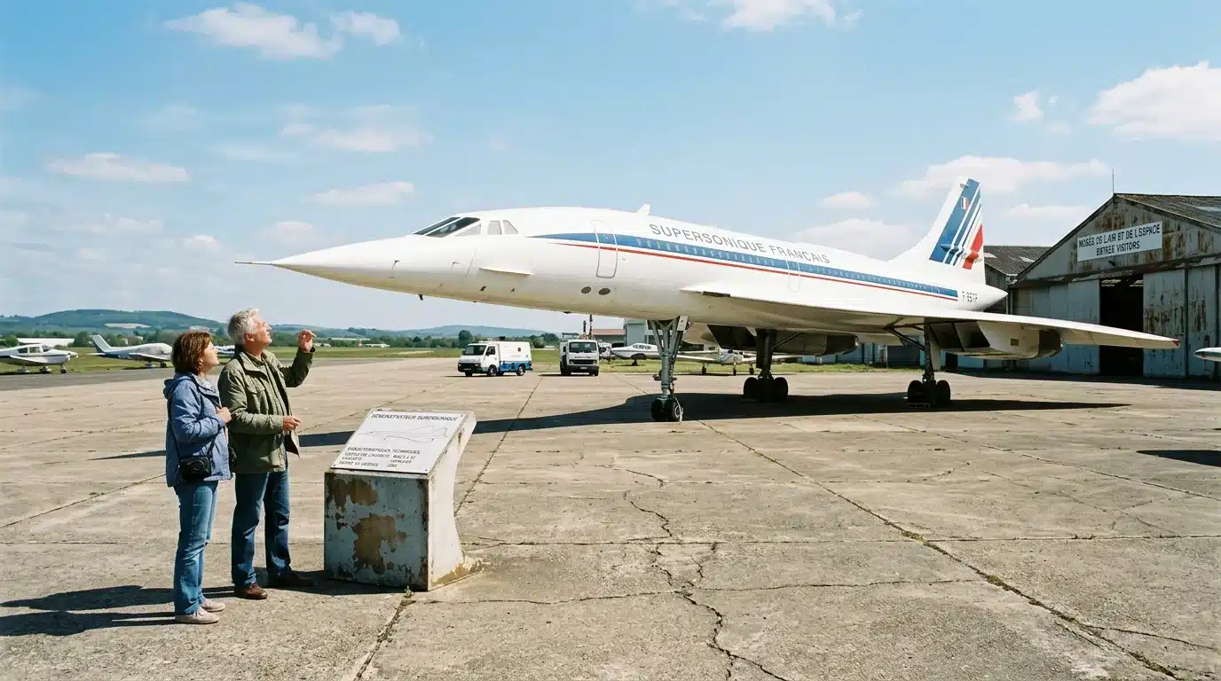 Avion supersonique historique exposé sur un tarmac